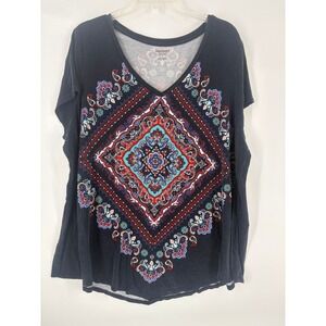 Westport Woman Plus Size 3X V Neck T Shirt Boho Paisley Print Dark Blue